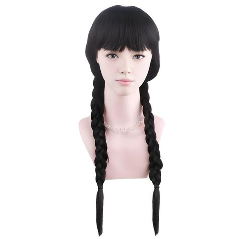 DUDUWIG Black Wig with Braids for Kid Girls Long Black Braids Wig with Bangs Long Pigtails Wig for Cosplay Costume Halloween Wig Hairnet Include