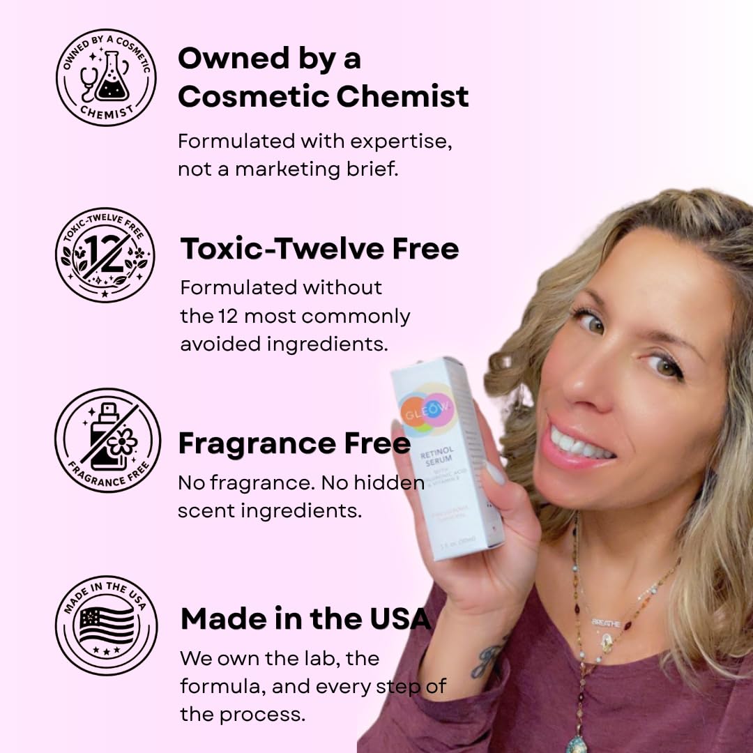 GLEOW Retinol Serum for Face with Hyaluronic Acid and Vitamin E, Gentle Retinol Face Serum Targets the Appearance of Fine Lines and Wrinkles, 2oz