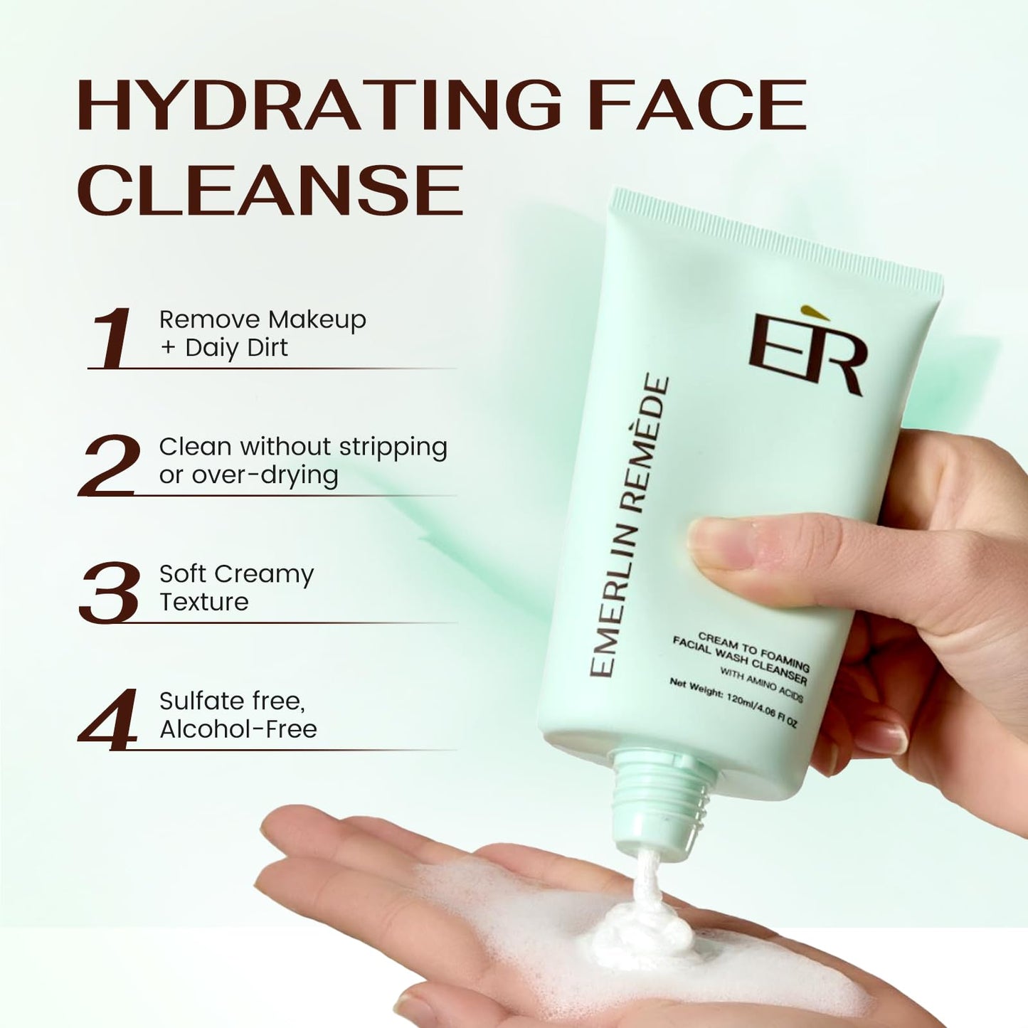 Emerlin Remède Cream-to-Foam Cleanser with Aloe Water, Ceramide NP, Hyaluronic Acid & Xylitol, Hydrating Barrier Support for Oily to Normal Skin, 120ml