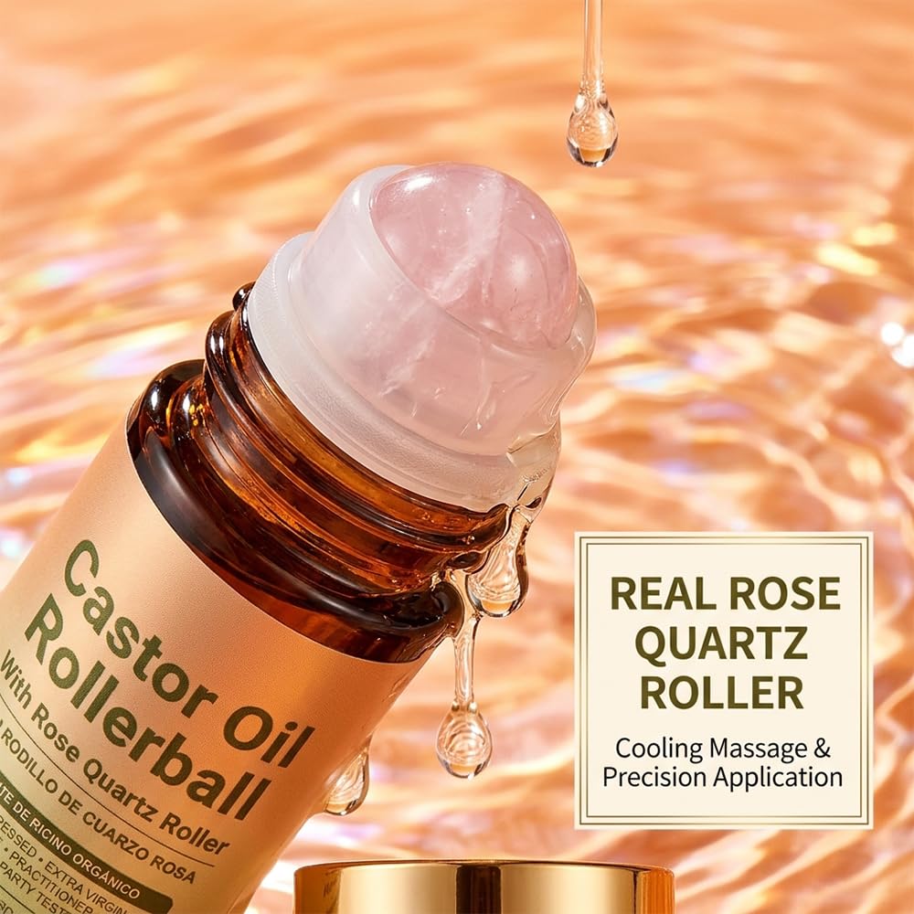 ROVIA 2 PCS Organic Castor Oil Roll On: 100% Cold Pressed Moisturizing Oil with Rose Quartz Roller - for Brows, Lashes, Dry Skin & Face, Travel Friendly Leakproof Roller Bottle