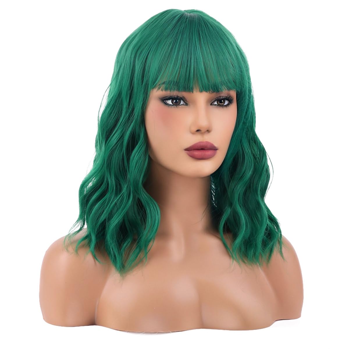 MAGQOO Green Wig Women Girls Emerald Green Bob Wig Short Curly Wavy Green Wig with Bangs St Patrick Halloween Party Wigs Synthetic Heat Resistant