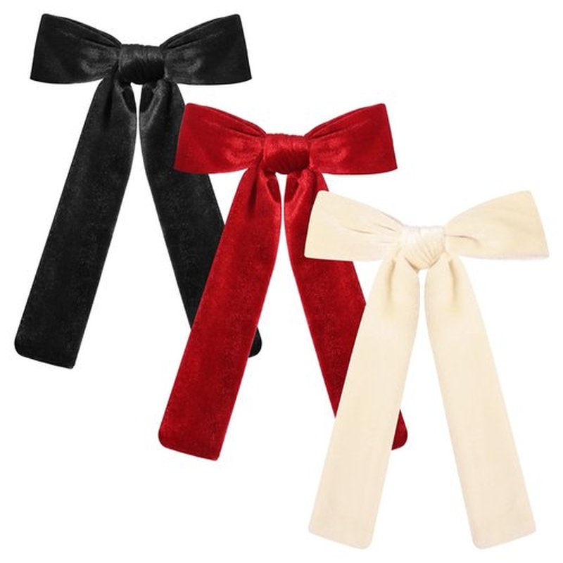 CEELGON 3 PCS Long Tail Velvet Hair Bows Hair Bow Set for Toddler Girls Long Ponytail Knot Bows Alligator Clip Hair Accessories for Girls and Women (Beige, Red, Black)