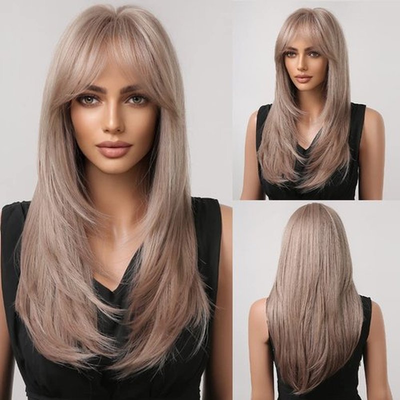 BERON Brown Blonde Wig Long Layered Wig with Bangs Brown Mix Blonde Wig Layered Wig Ash Blonde Wigs for Women Natural Synthetic Wigs for Daily Use