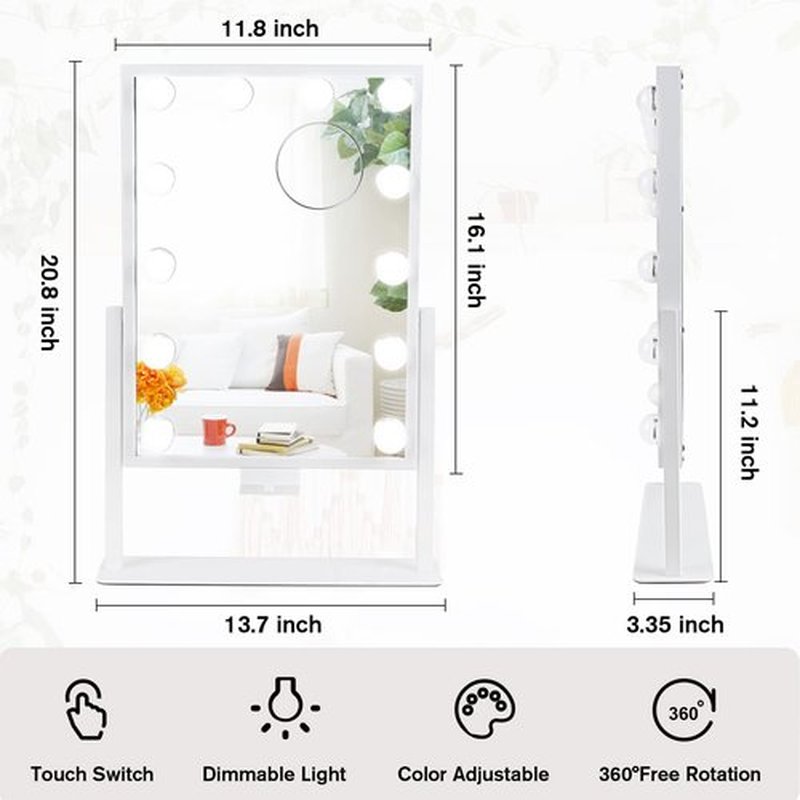 BWLLNI Vanity Mirror with Lights, Hollywood Lighted Makeup Mirror with Phone Holder, Smart Touch Control, 3 Color Lighting Modes, Detachable 10X Magnification, 360°Rotation(White)
