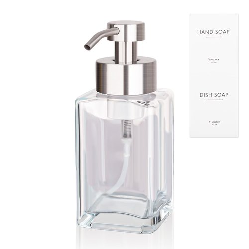 Foaming Soap Dispenser with Stainless Steel Pump, 12oz Refillable Glass Liquid Dish Soap Bottles for Bathroom, Kitchen Sink, Home Decor