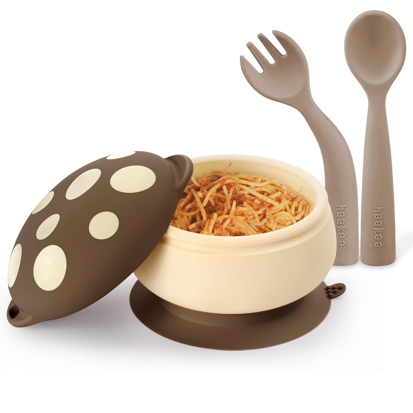 haakaa Silicone Mushroom Bowl & Bendy Cutlery Set – Baby Bowls with Suction & Spillproof Lid, Baby Spoons & Forks for Self Feeding, BPA-Free - Walnut