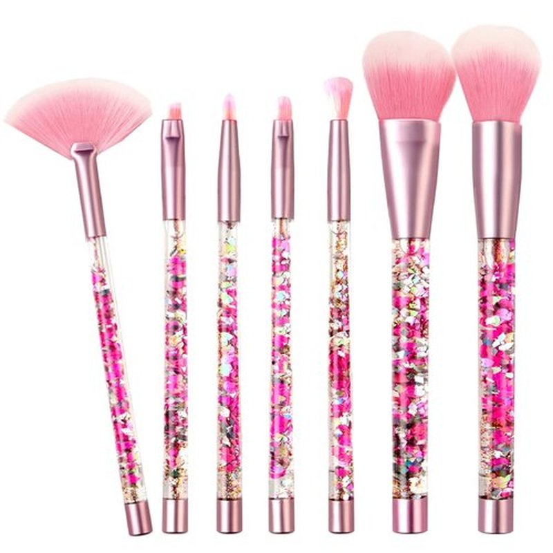RAEEIKPHZ Sparkle Pink Makeup Brushes Set,Unicorn Glitter 7pc Foundation Blush Lip Nose Eyeshadow Eyebrow Loose Powder Fan Make Up Brushes Kit with Liquid for Kids Girls Teen Women Gift Present