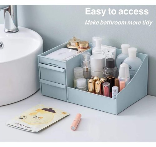 Simbuy Makeup Desk Organizer With Drawers —Countertop Bathroom Skincare Organizer for Cosmetics, Vanity Holder for Lipstick, Brushes, Lotions, Eyeshadow, Nail Polish and Jewelry-Blue