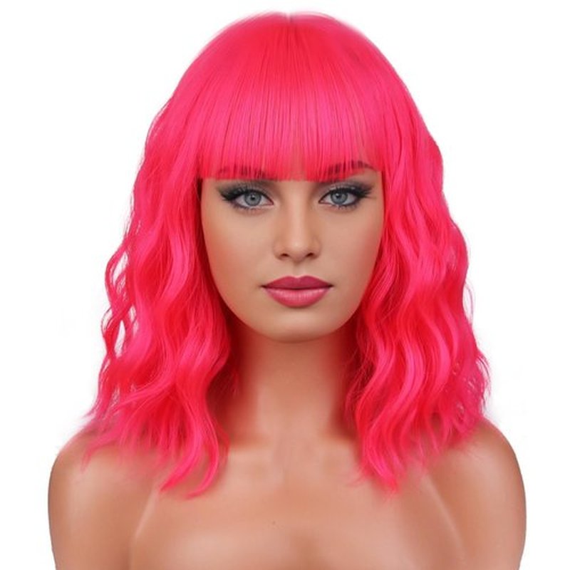 BERON 14 Inches Neon Pink Wig Short Curly Wig Pink Wig with Bangs Women Girl's Charming Wig Hot Pink Wig Synthetic Wig with Wig Cap
