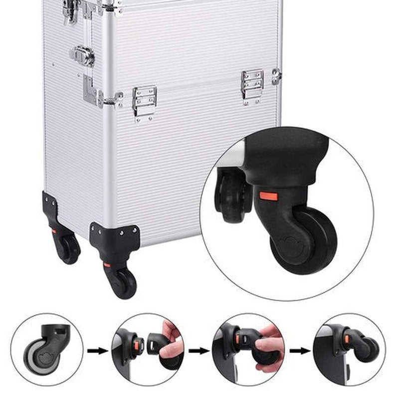 Karl home 3 in 1 Makeup Train Case Rolling Cosmetic Trolley Large Capacity Travel Organizer with Key 360°Swivel Wheels Suitcase for Beauticians Hairstylists Nail Tech Students, Silver