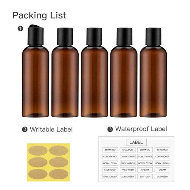 owlyee 3.4 oz Travel Bottles for Toiletries, Empty Travel Size Containers Tsa Approved, 5PCS Small Plastic Shampoo Bottles with Labels (100ml, Amber)
