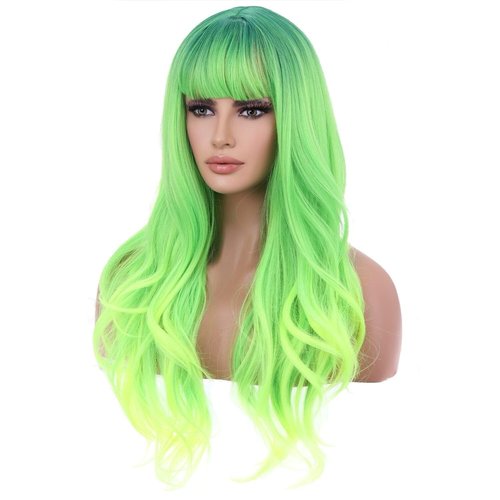 BERON 26 Inches Neon Green Wig Long Wavy Soft Synthetic Wig with Straight Bangs for Women Girls Wig Cap Included