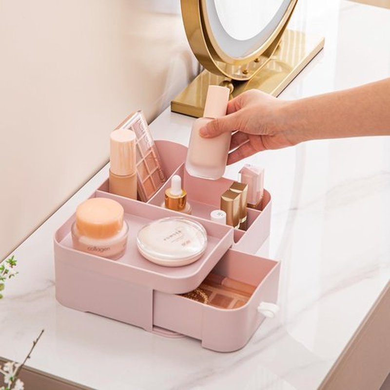 HBlife Plastic Makeup Organizer for Vanity with Drawer Large Skincare Organizers 8 Compartments Bathroom Organizer Cosmetic Storage, Pink