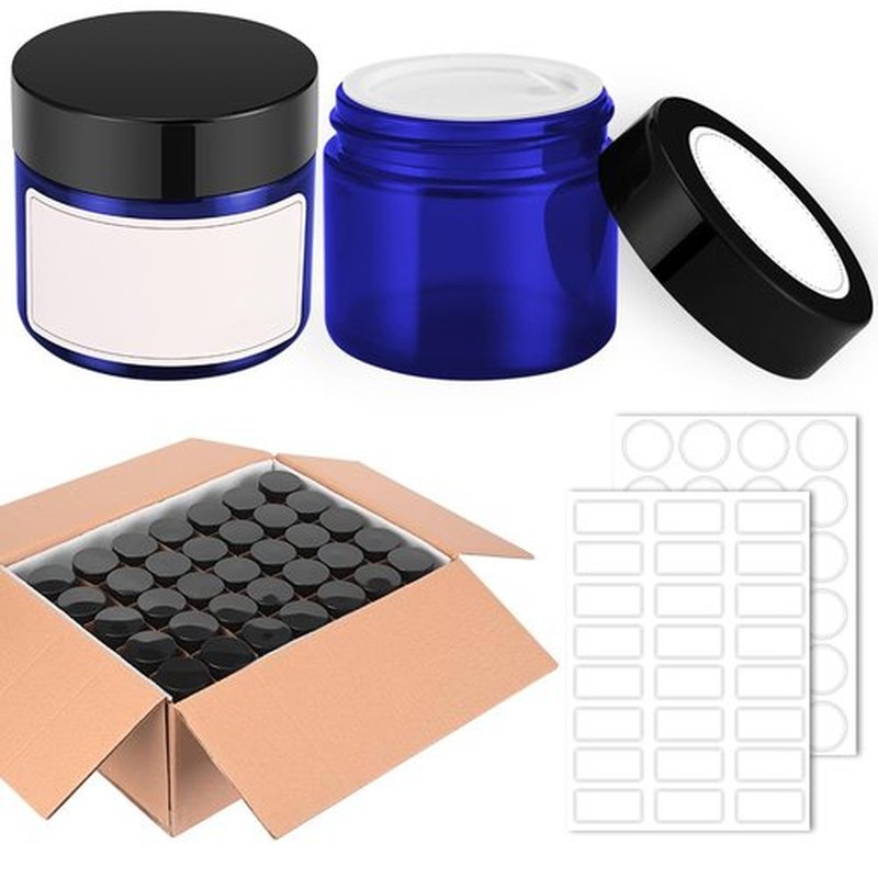 1 oz Blue Glass Jars with Lids, Bumobum 120 pack Small Jars with Black Lids, White Labels & Inner Liners, Empty Round Cosmetic Containers for Cream, Lotion