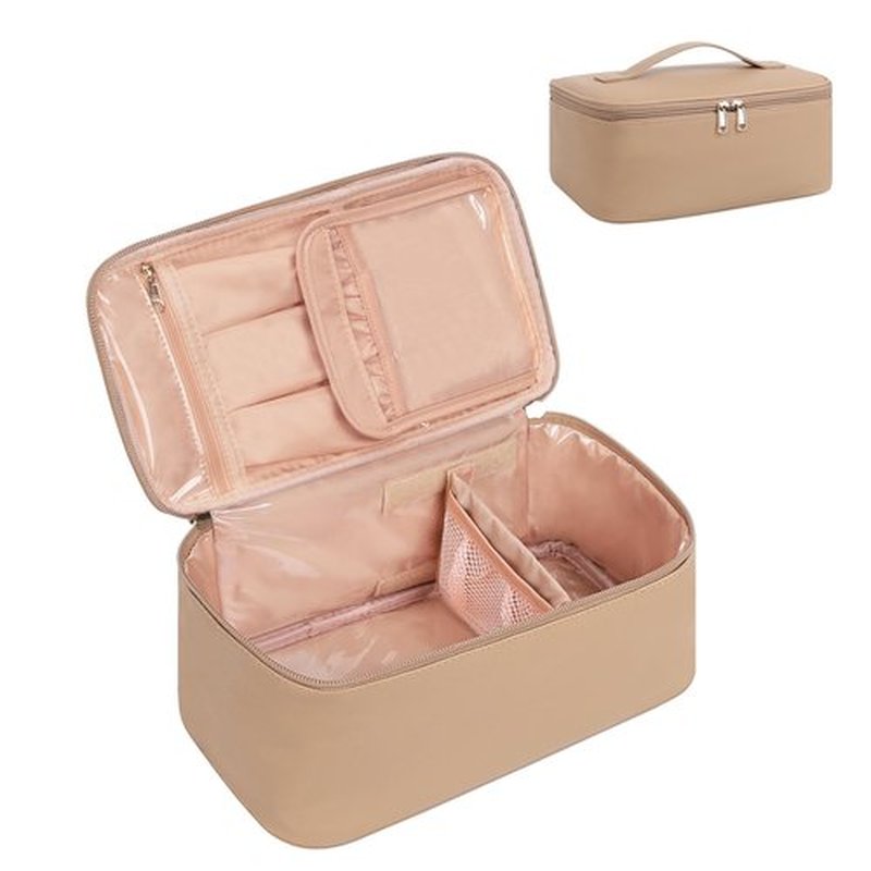OCHEAL Makeup Bag, Travel Makeup Bag Waterproof Cosmetics Organizer Make Up Bag Case,Toiletry Bag for Women,Large Capacity for Girls Daily Use Dorm Room Storage with Dividers -Beige Apricot