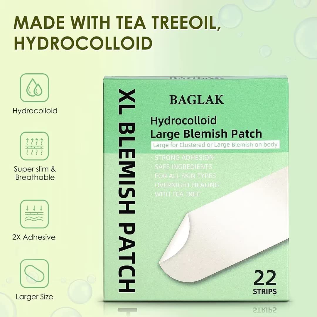BAGLAK Large Pimple Patches - Hydrocolloid Patches 22 Strips, XL Size, Large Spot Patches - Zit, Blemish Spot Facial Skin Care
