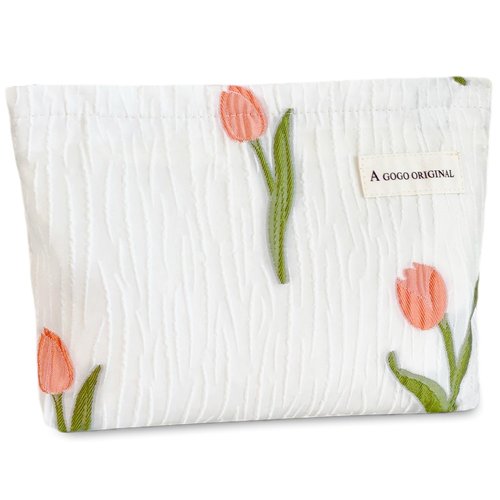 STARDW Aesthetic Makeup Bag for Women Travel Toiletry Bag Large Capacity Makeup Organizer Bag Floral Cosmetic Bags Zipper Pouch (Tulip White)