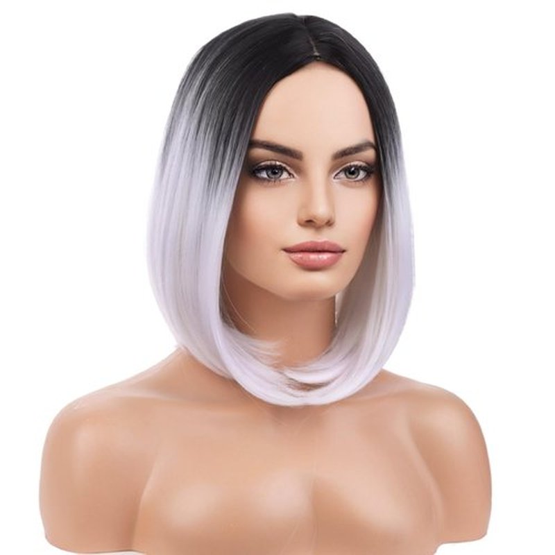 BERON 12 Inches Ombre Grey Wig Short Straight Hair Bob Wig Ombre Gray Wigs Flapper Wig for Women with Wig Cap