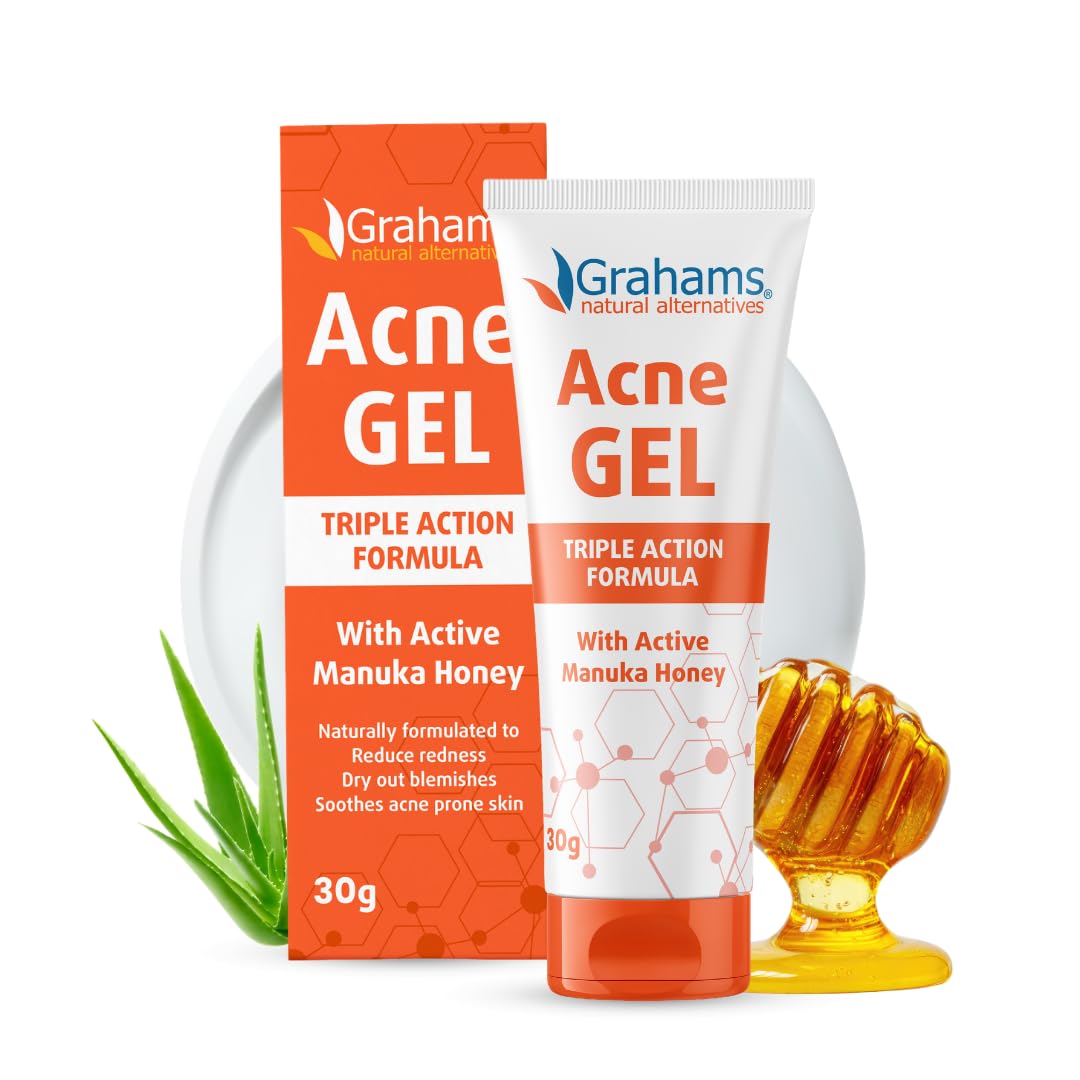Grahams Natural Acne Gel Morning & Night Spot Treatment Pimple Cream for Face, Back & Body - All Natural with Witch Hazel, Honey, Aloe Vera, for Oily Skin & Blemish Control (1.06 oz)
