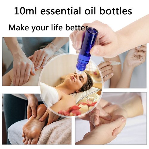 ZIZEMOJA 6Pcs 10ml Essential Oil Roller Bottles, with Stainless Steel Roller Balls, 10ml Blue Glass Roll on Bottles for Essential Oils, 1 Extra Roller Ball, 6 Labels, 1 Openers, 2 Droppers Included