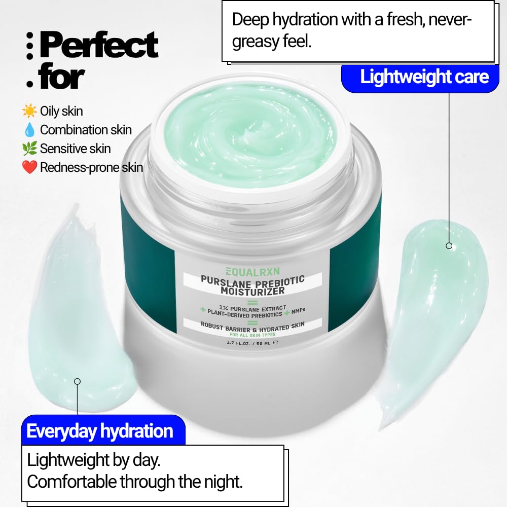 EqualRXN Purslane Prebiotic Gel Moisturizer for Face, Lightweight Oil-Free Face Moisturizer with Ceramides & NMF for Daily Hydration for Oily, Combination, Acne-Prone & Sensitive Skin