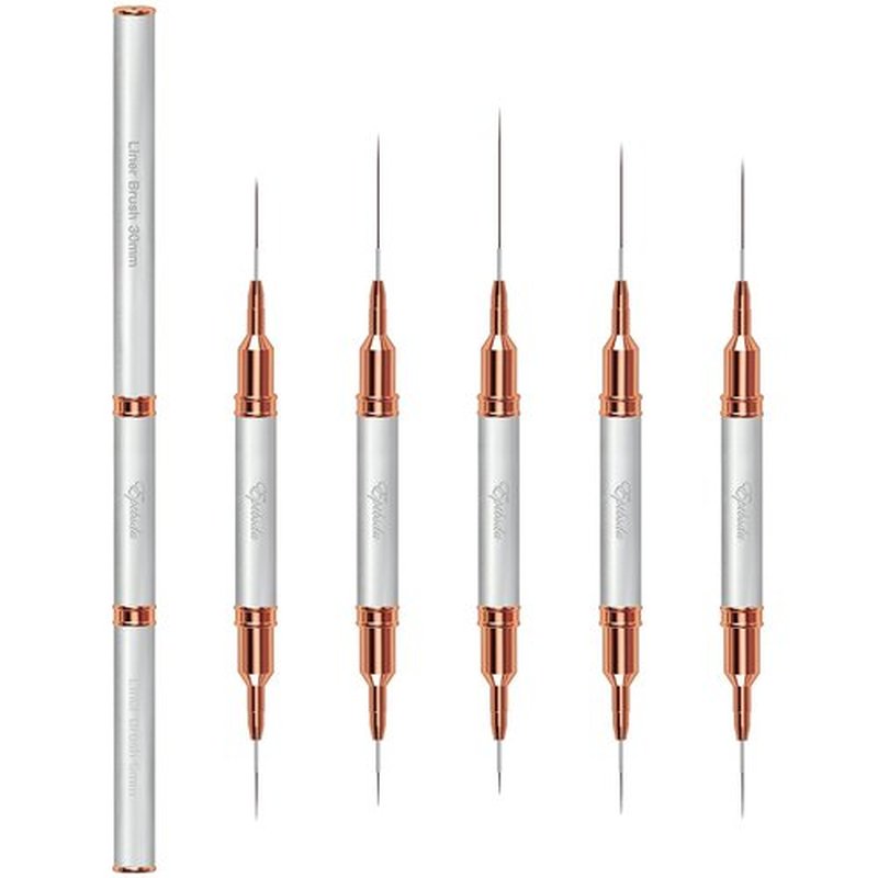 Nail Art Brushes, Eptbsdu 5PCS Double Ended Nail Art Liner Brushes with Cap Striping Liner Brush Nail Design Brushes for Long Lines, Tiny Details, Fine Drawing Nail Brushes for Nail Art, Silver