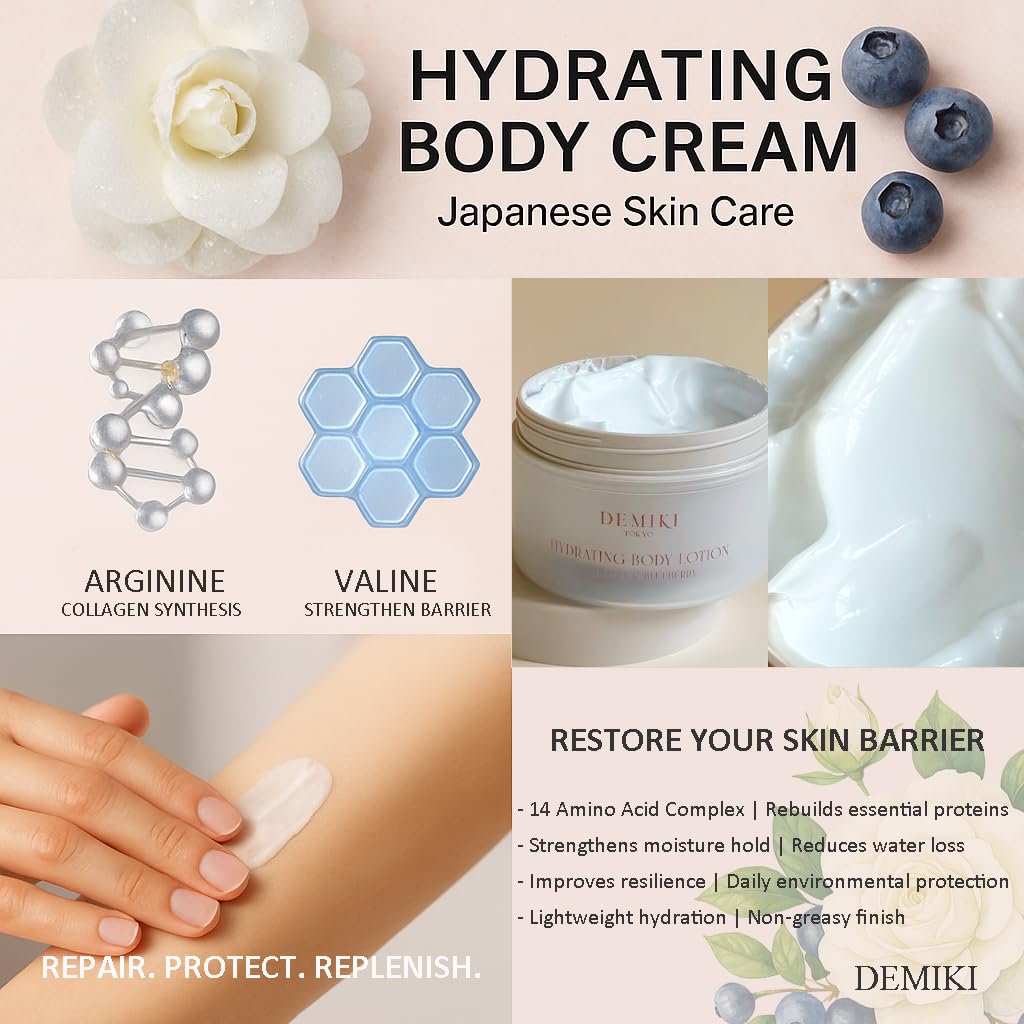 DEMIKI Body Lotion Moisturizer Skin Care with Squalane and Amino Acids - Japanese Body Lotion for Women, Beauty & Personal Care Body Cream, Perfume Moisturizer Skincare for Dry Skin 7.12fl.oz