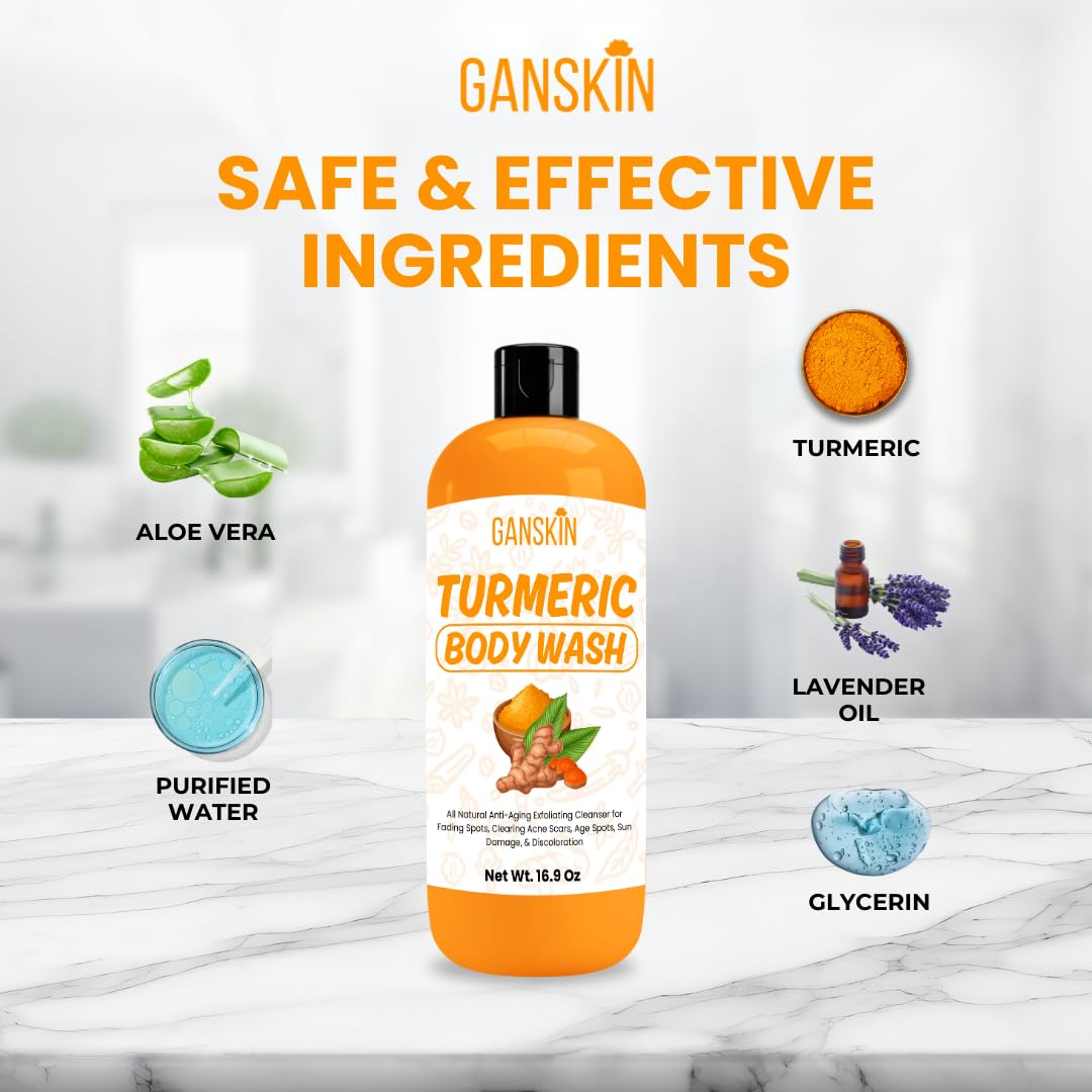 Ganskin Turmeric Body Wash – Skin Brightening Liquid Soap for Discoloration – Natural Anti Aging Exfoliating Turmeric Body Wash for Spots, Acne, Sun Damage – Bath Soap Skincare