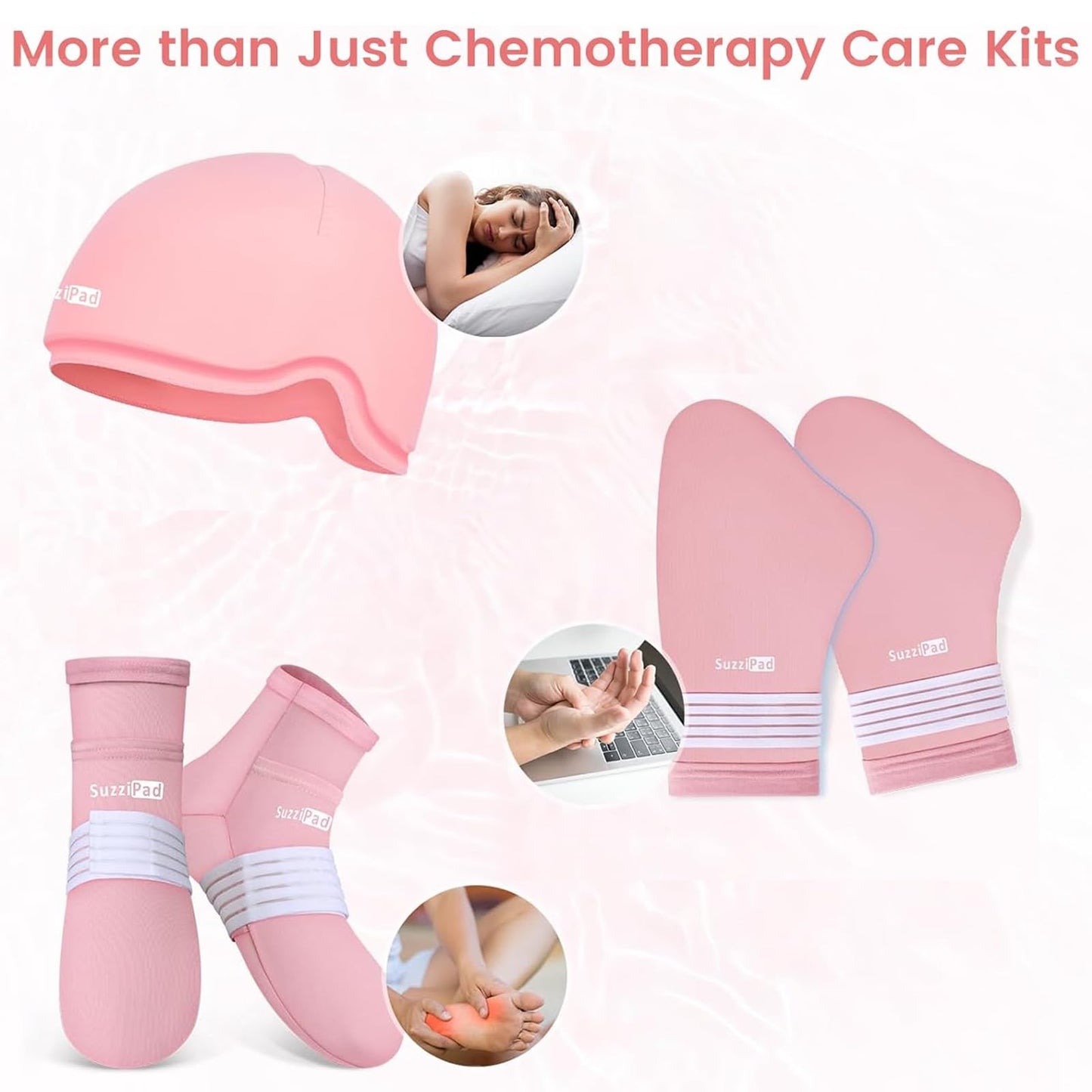 SuzziPad Chemo Care Package for Women & Men, Cooling Gloves, Socks and Cold Caps for Chemotherapy, Ideal for Discomfort of Head, Hand, Feet, L