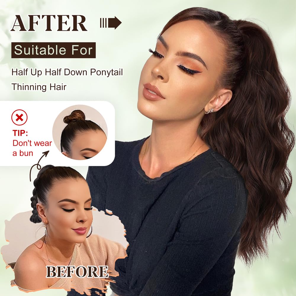 ALXNAN Ponytail Extension,16 Inch Claw Ponytail Hair Extensions for Women，Claw Clip in Long Wavy Synthetic Chestnut Brown Ponytail Extension for Daily Use.