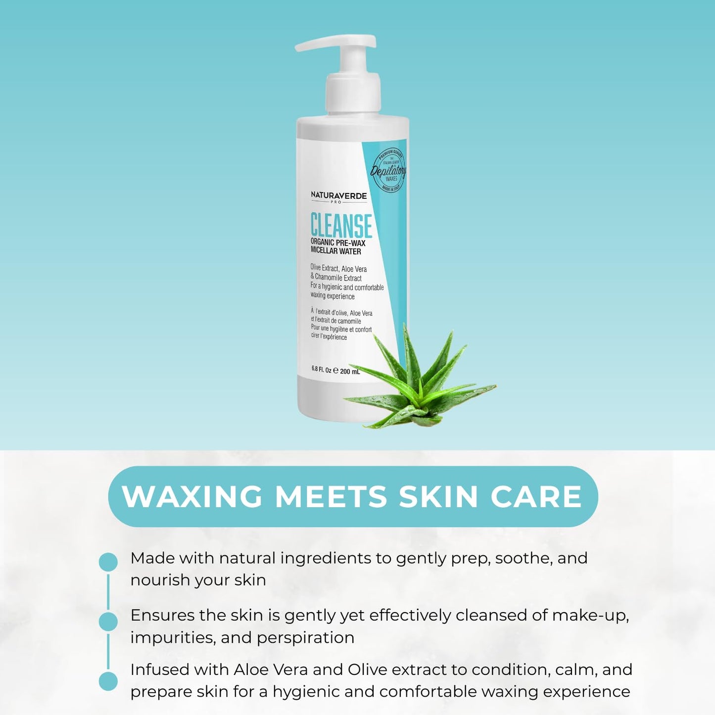 NaturaverdePro Cleanse Organic Pre Wax Micellar Water, Makeup Remover Facial Cleanser Skin Care Prep for Hair Removal, Added Chamomile Aloe Vera - 6.8 oz