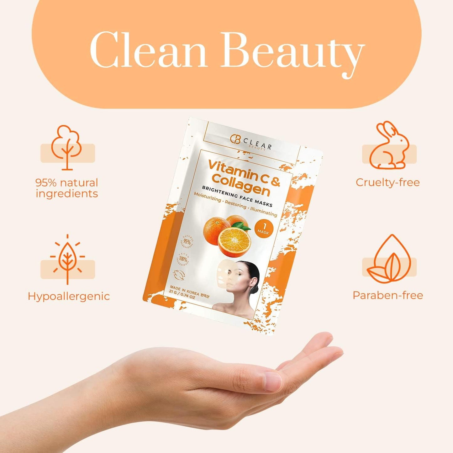 Clear Beauty Vitamin C & Collagen Face Mask - Dermatologist Tested - Diminishes Fine Lines & Wrinkles, Anti-Aging, Natural Ingredients, Cruelty-Free Korean Skin Care - All Skin Types