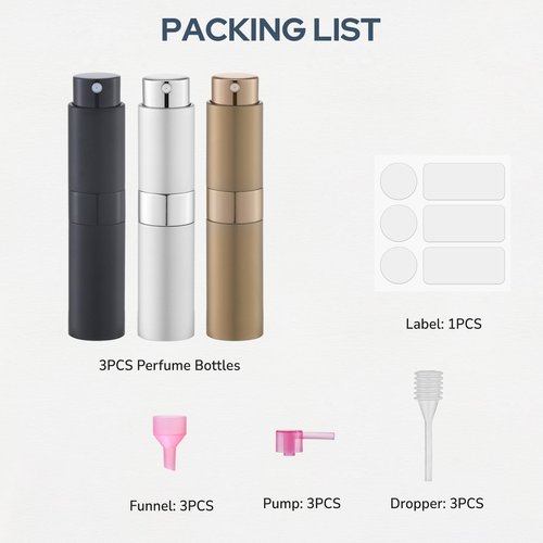 Fusupak 8ml Perfume Atomizer, Travel Cologne Spray Bottle, Refillable Portable Sprayer (Black, Brown, Silver)
