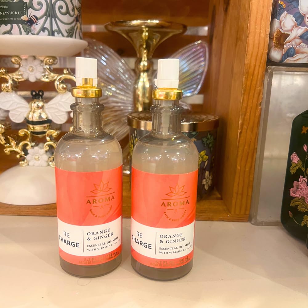 Bath & Body Works Aroma Recharge Orange & Ginger Essential Oil Mist 2-piece Gift Set with a Red Bow for Holiday - 5.3 fl oz Each