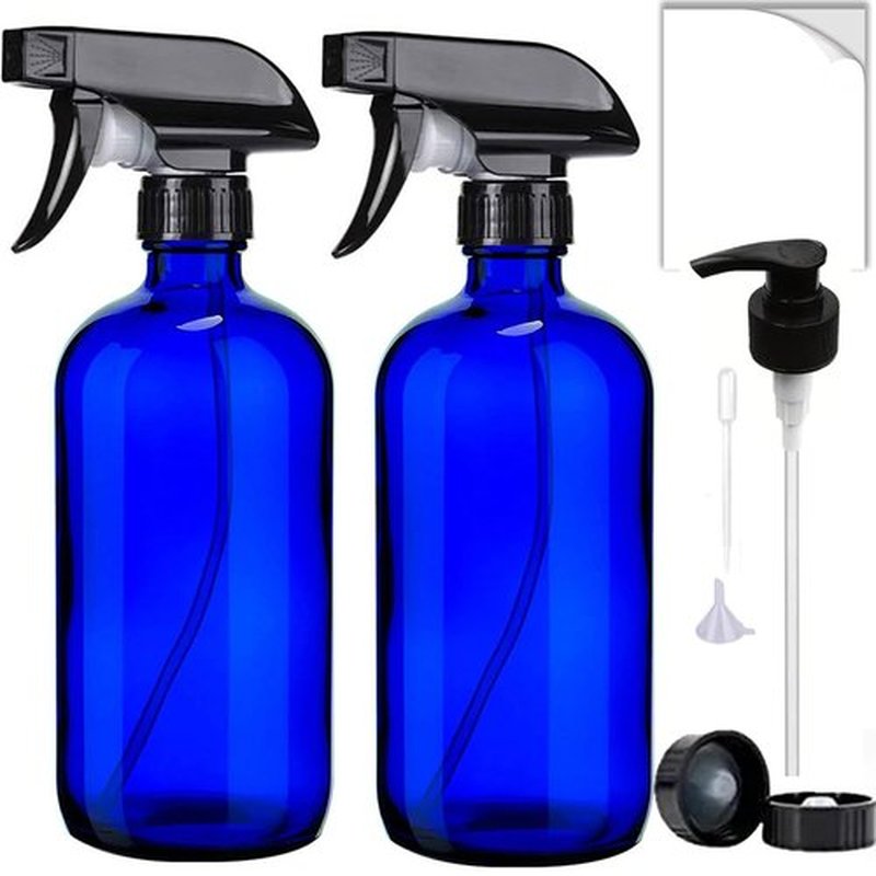 HAOERMEI 16 oz Blue Glass Spray Bottles - 2 Pack Refillable Empty Bottle for Cleaning Solutions, Essential Oils, Plants, Hair Mister - with Pump,Labels &Funnel, Dropper (Blue-2PACK)