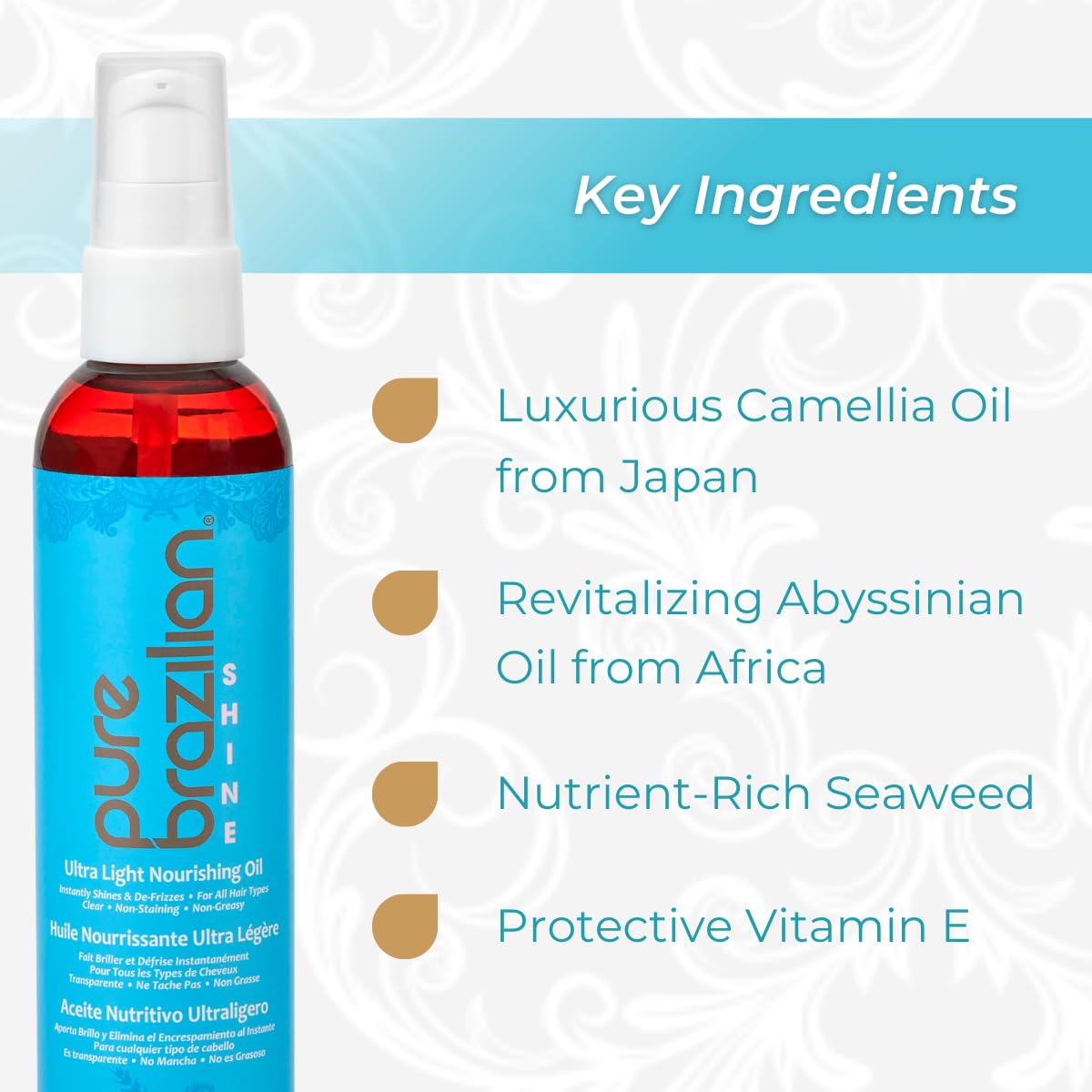 Pure Brazilian Shine Ultra Light Nourishing Oil with Brazilian Nut Oil for Smooth, Glossy & Frizz-Free Hair, Deep Hydration & Brilliant Shine, 4 Fl Oz