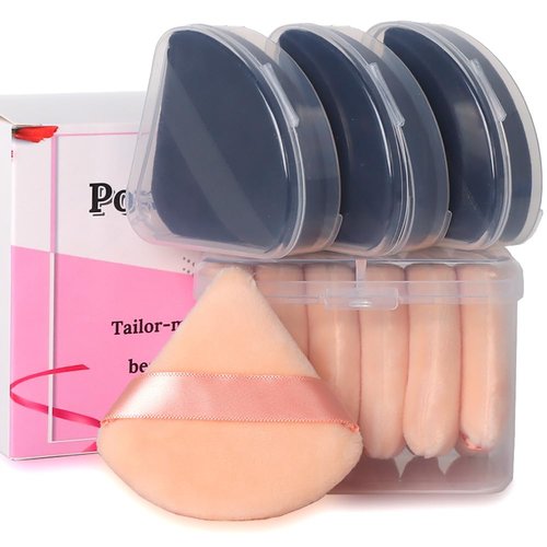 Ocim 10Pcs Triangle Powder Puffs for Face Powder,Soft Velour Makeup Setting Powder Puff with Case,Black&Nude