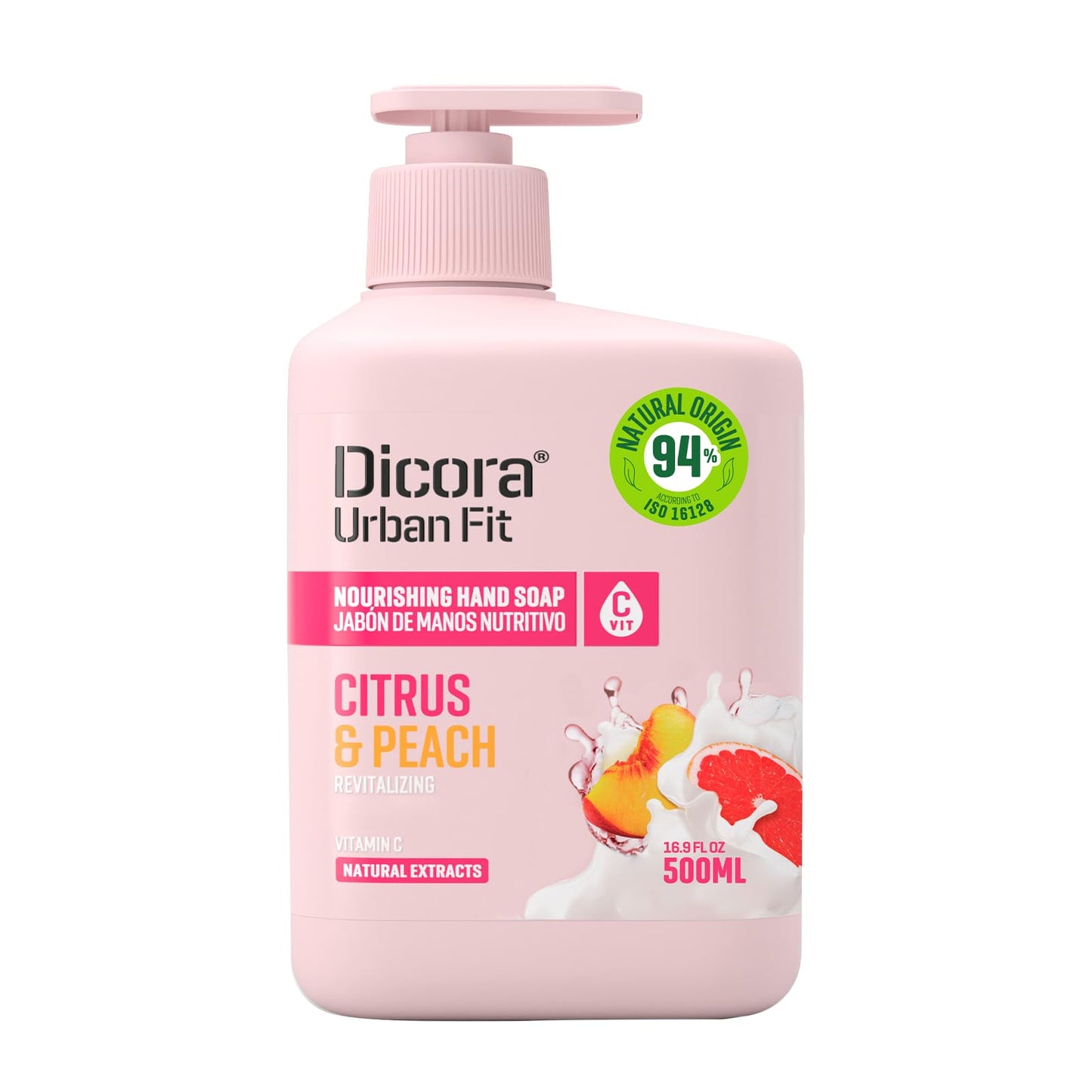 Dicora Urban Fit Nourishing Hand Soap - Hand Wash for Hydrated Skin - Vitamin C Enriched Sanitizer with Fruit Extract - Citrus and Peach - 16.9 oz