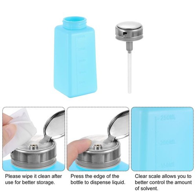 HARFINGTON 2pcs Solvent Alcohol Dispenser 250ml(8.8oz) Nail Polish Remover Push Down Liquid Dispenser Pump Bottle with Stainless Steel Press Head for Acetone Cleanser Polish Remover, Blue