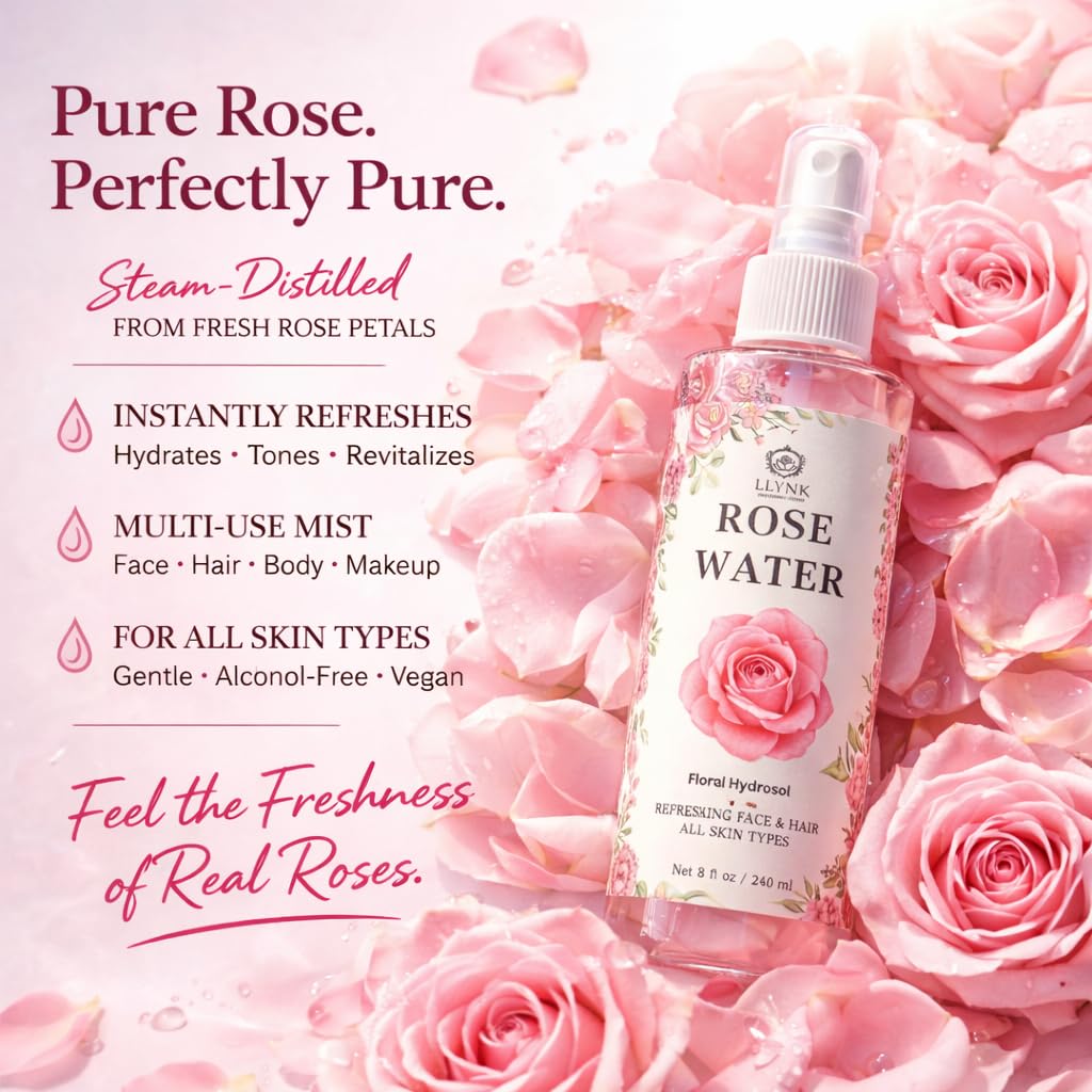 LLYNK Rose Water Facial & Hair Spray, 8 fl oz Hydrating Mist, Refreshing Toner for Skin & Scalp, Alcohol-Free, Hydrates and Soothes