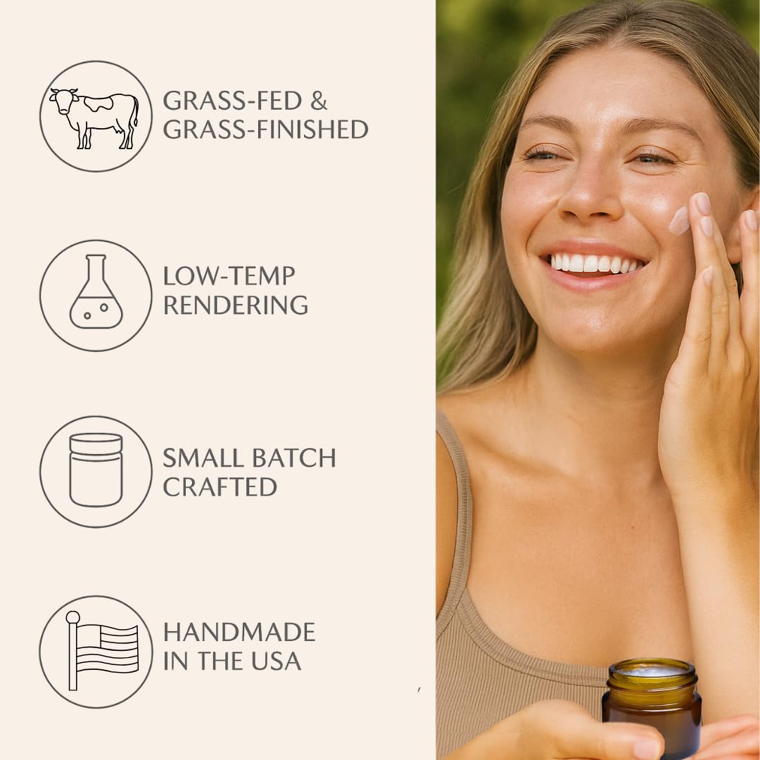 Untamed Organics Pure Tallow 100% Grass-Fed Grass-Finished Beef Tallow Balm For Skin Care - Full Body & Face Moisturizer For Sensitive Skin, Eczema - All-Purpose Pure Tallow Cream (Unscented) 2 oz