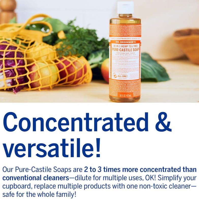 Dr. Bronner's Pure-Castile Magic Soap Liquid (Tea Tree, 16 Ounce, 2-Pack)-Made with Regenerative Organic Certified Oils, 18-in1 Uses: Face, Hair, Hand & Body Soap, Laundry- Concentrated, Vegan