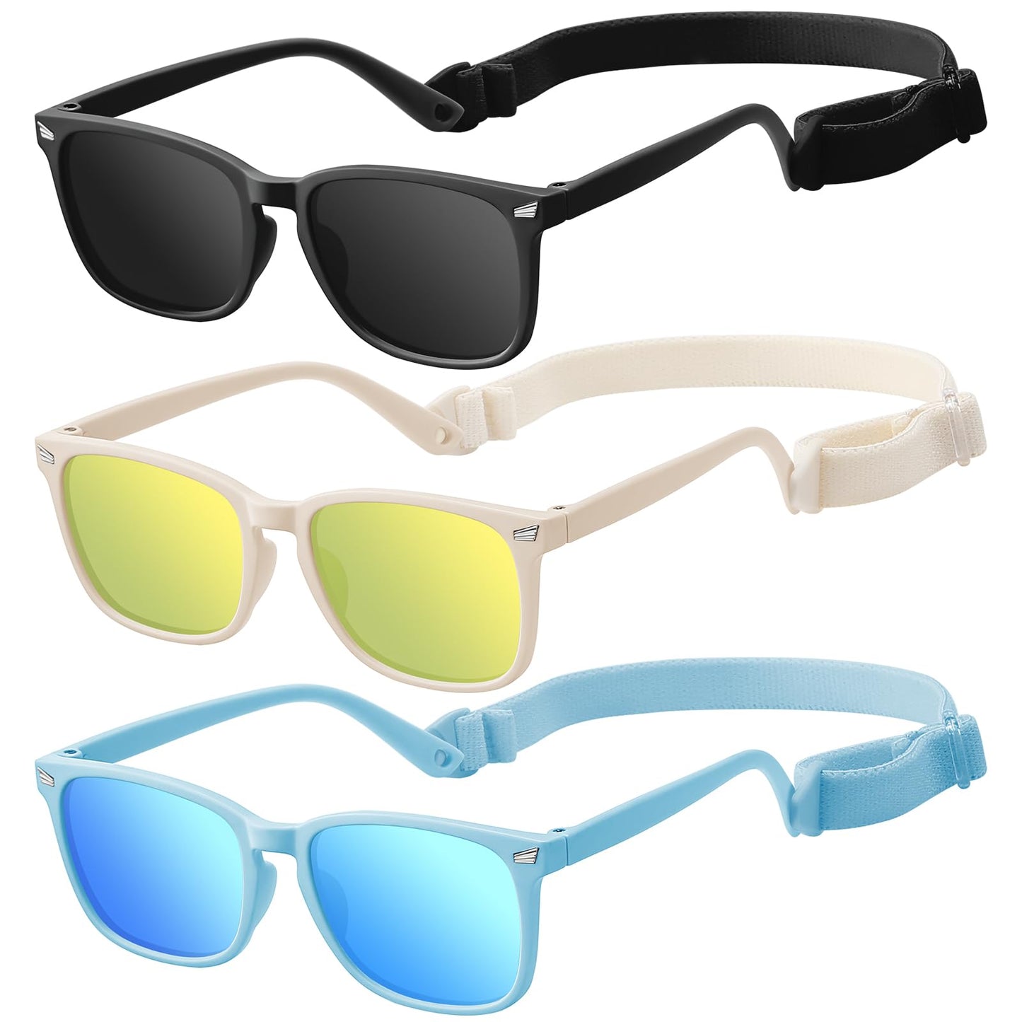 zestero Baby Infant Toddler Sunglasses with Strap for Boys Girls Age 0-24 Months, 3 Pack Flexible TPEE Rubber Frame Kids 100 UV Protection Sunglasses Newborn Shades