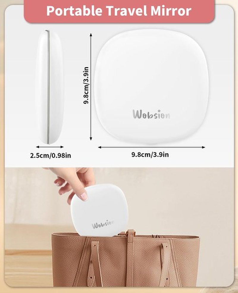wobsion Travel Mirror with Light, Rechargeable 1x/10x Compact Magnifying Mirror, Dimmable Pocket Mirror,Handheld 2-Side Mirror with Light,4inch Travel Size,Portable for Handbag,Purse,Gift,White