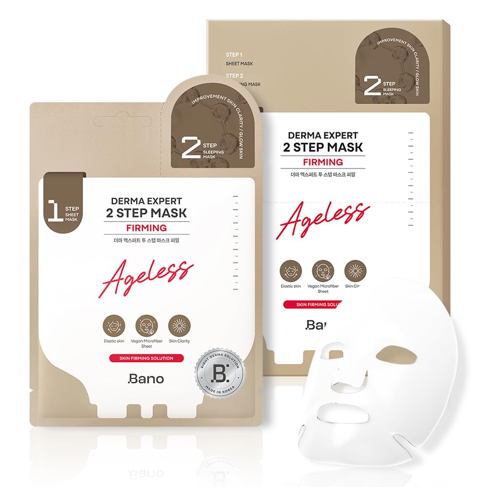 Bano Derma Expert 2 Step Firming Face Mask – 2 in 1 Sheet & Sleeping Mask with Peptides, Caffeine, Niacinamide & Hyaluronic Acid | Supports Skin Elasticity & Glow | Korean Skincare | 7 Sheets