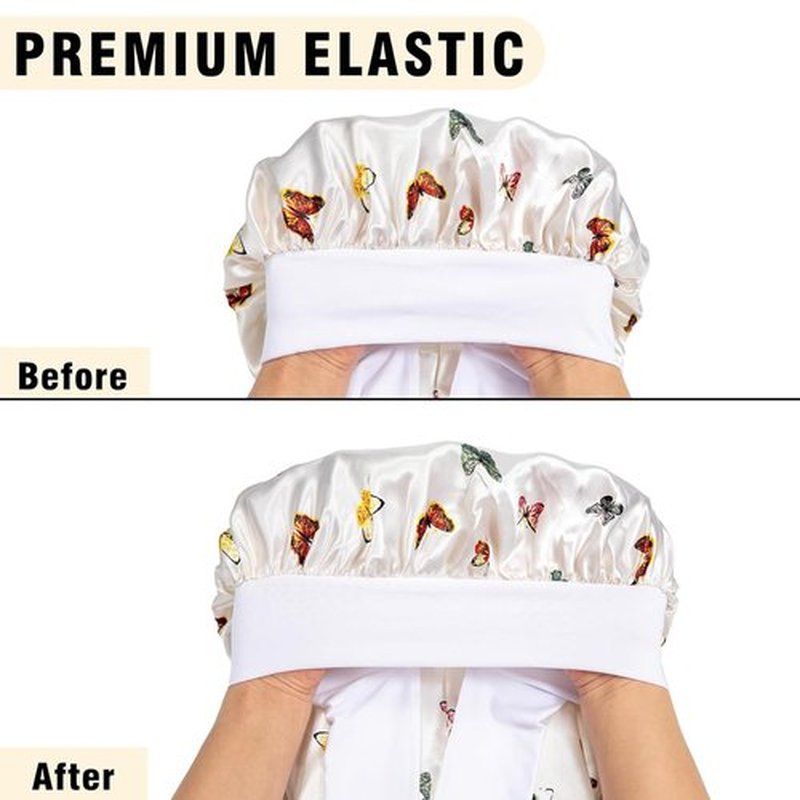 2Pcs Bonnets for Black Women Braid Bonnet, Large Long Satin Bonnet for Braids, Silk Bonnet with Stretchy Tie Band Sleep Cap Hair (2Pcs-Black-Silver Pattern)
