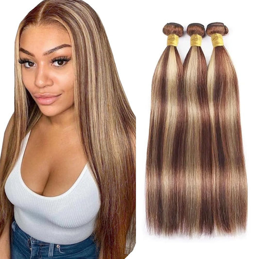 P33/613 Straight Bundles Human Hair Highlight Bundles Braizlian Virgin Hair 3 Bundles 12 14 16 Inch Two Tone Auburn Brown Mixed With 613 Blonde Straight Bundles Hair Extensions for Women