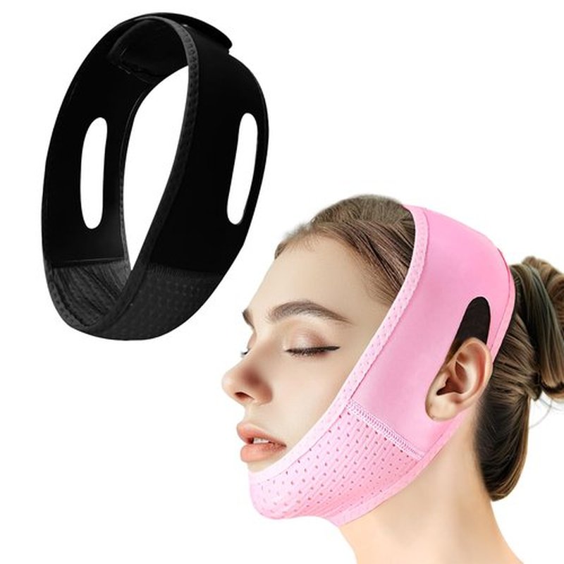 Beiskll Reusable V Line Lifting Mask with Chin Strap, V Shaped Face Mask for Sagging, Jaw Exerciser (Pink and Black)