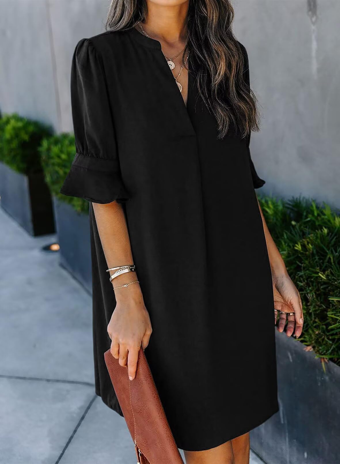 Wkior Summer Dress for Women Short Sleeve Solid Color Loose Casual Elegant Dress Black S