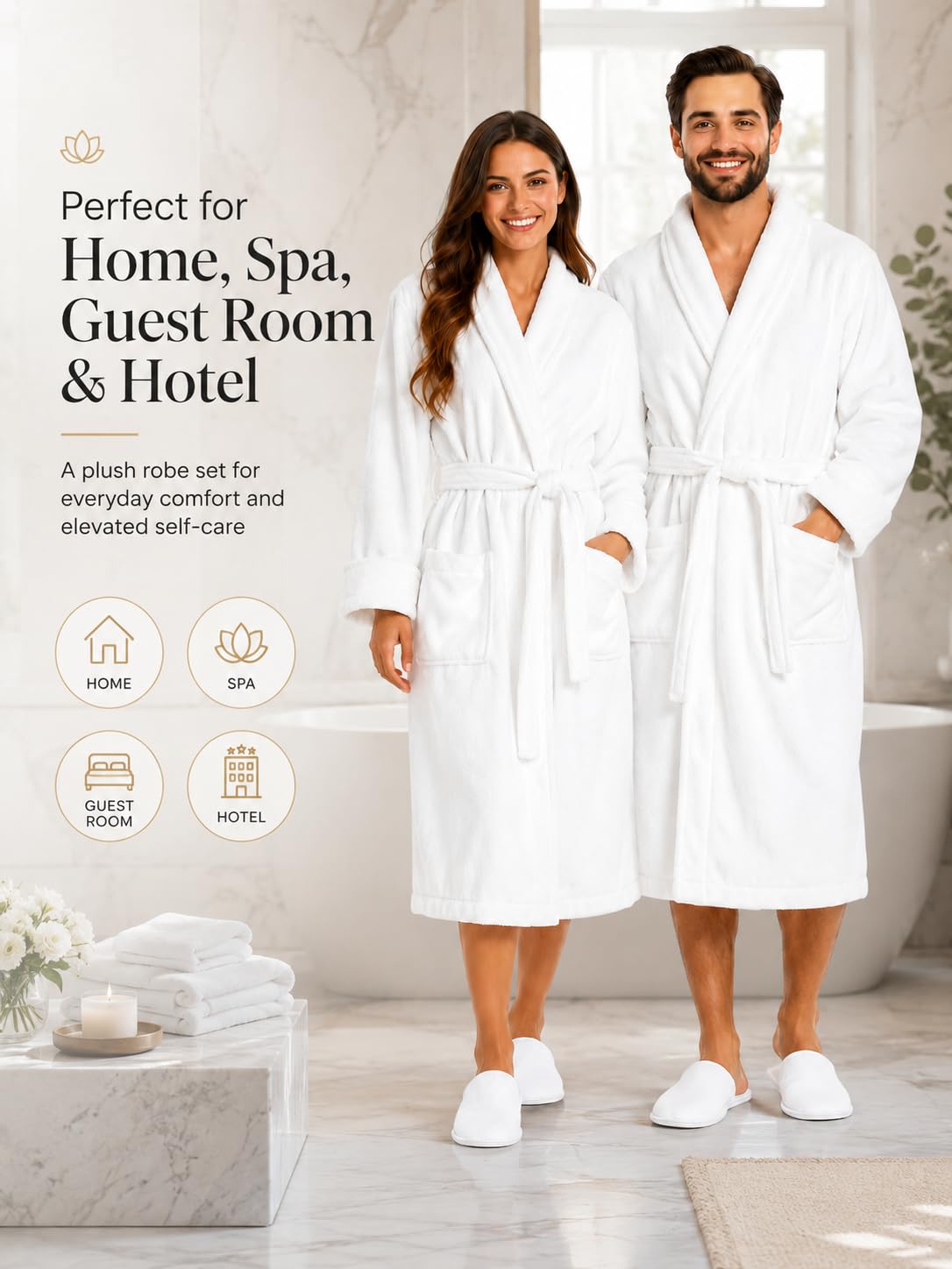 BIOLINEN 2 Pack Robes for Women Men 100% Cotton Terry Cloth Bathrobe with Slippers, Plush Spa Robe, Shawl Collar Bath Robe, Unisex One Size, White